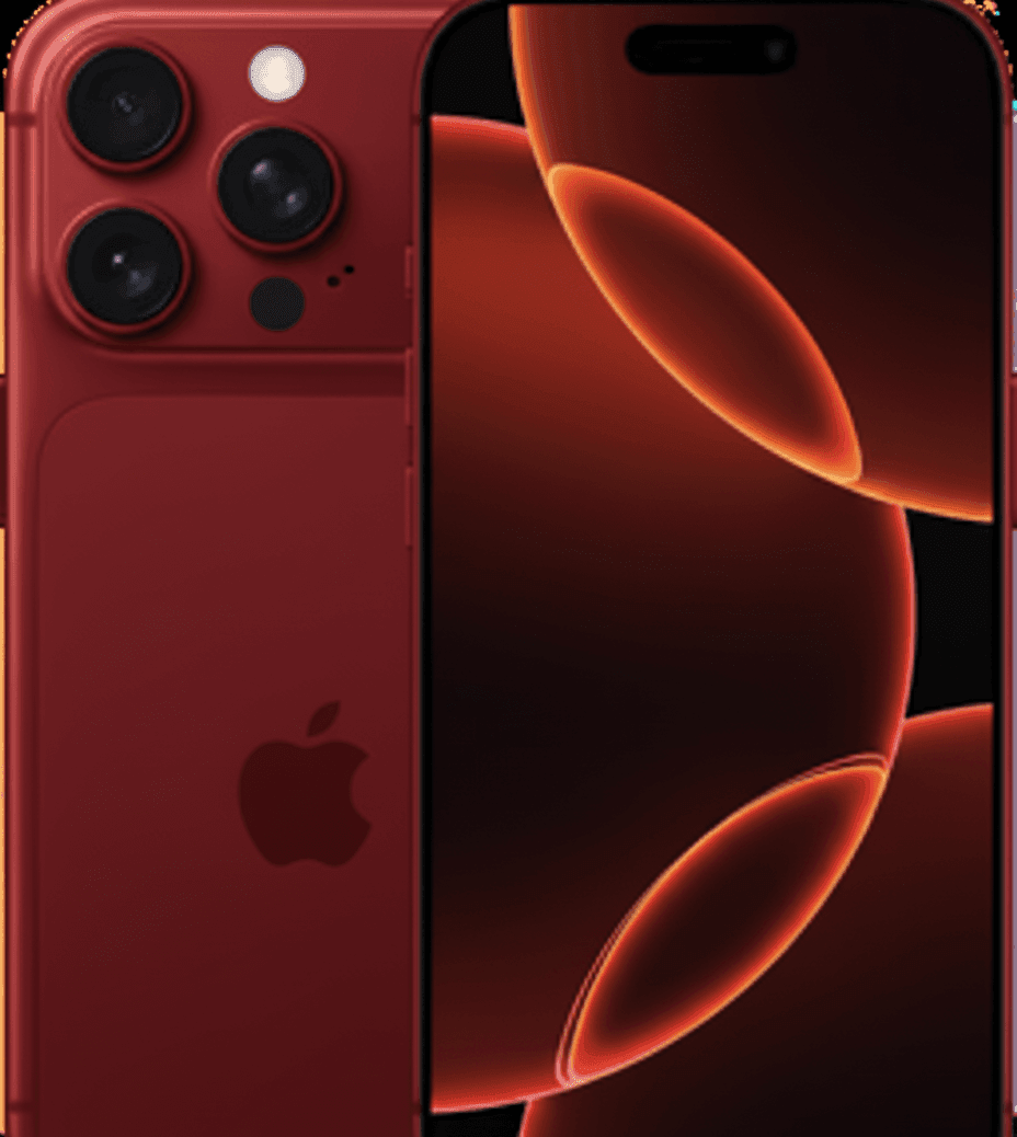Red smartphone with triple-camera system and abstract orange design on screen.
