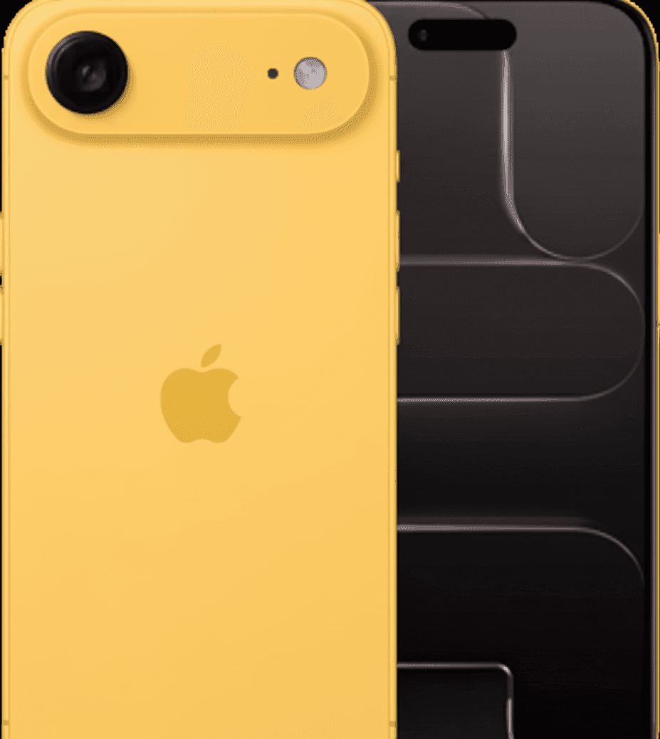 Yellow smartphone with Apple logo and camera, black phone partially visible in the background.