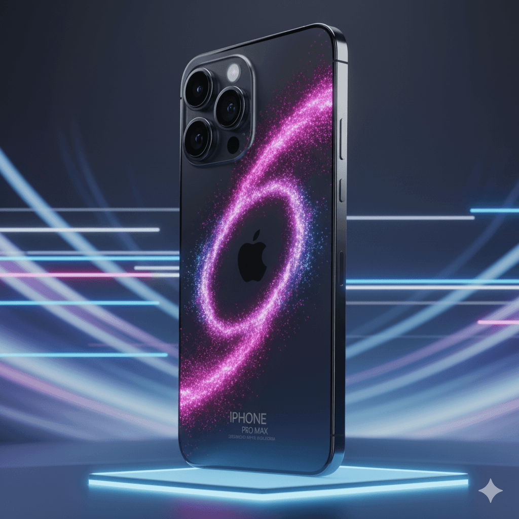 Smartphone on a glowing platform with swirling pink and blue light trails on a dark background.