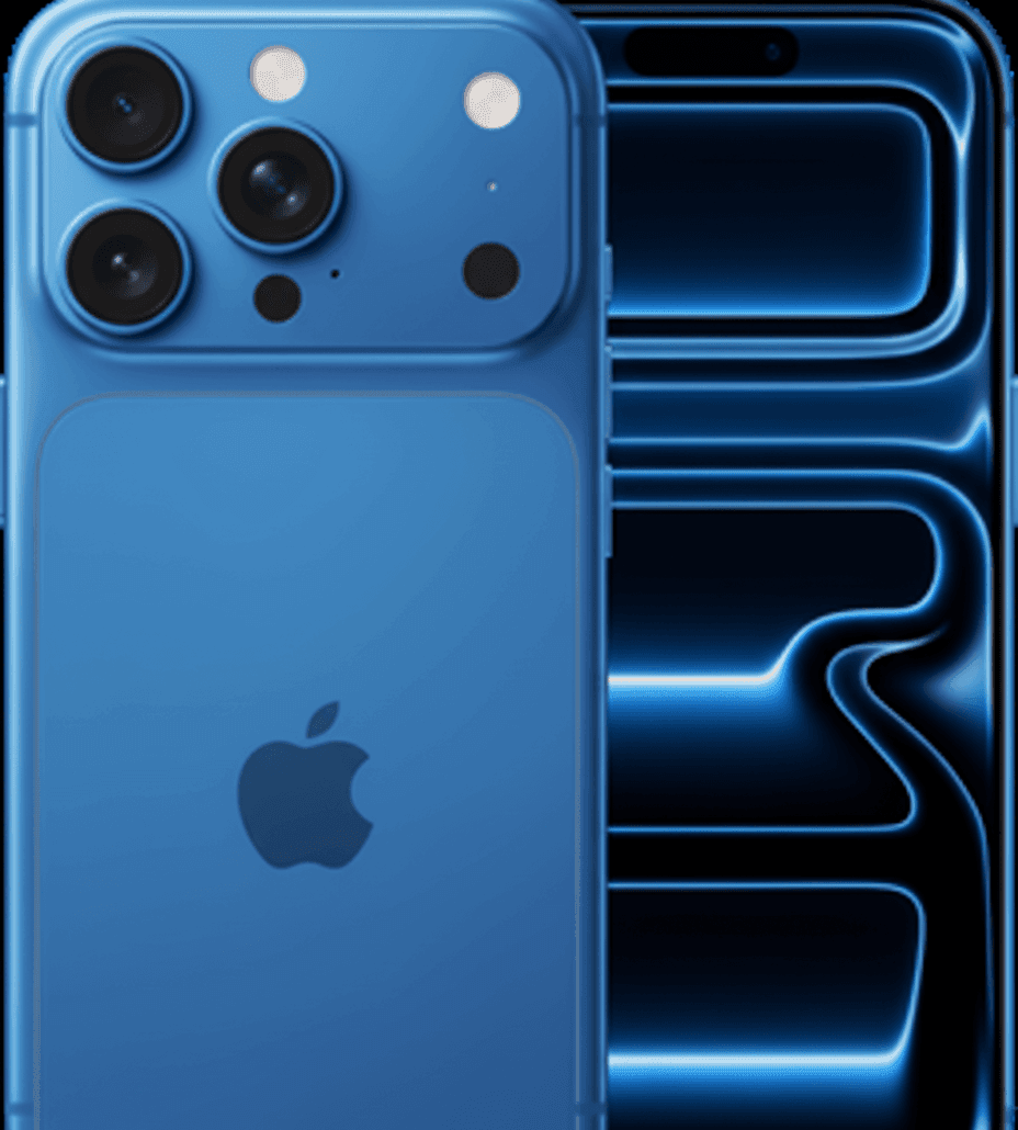 Blue Apple iPhone with three rear cameras and a sleek design, front and back views.