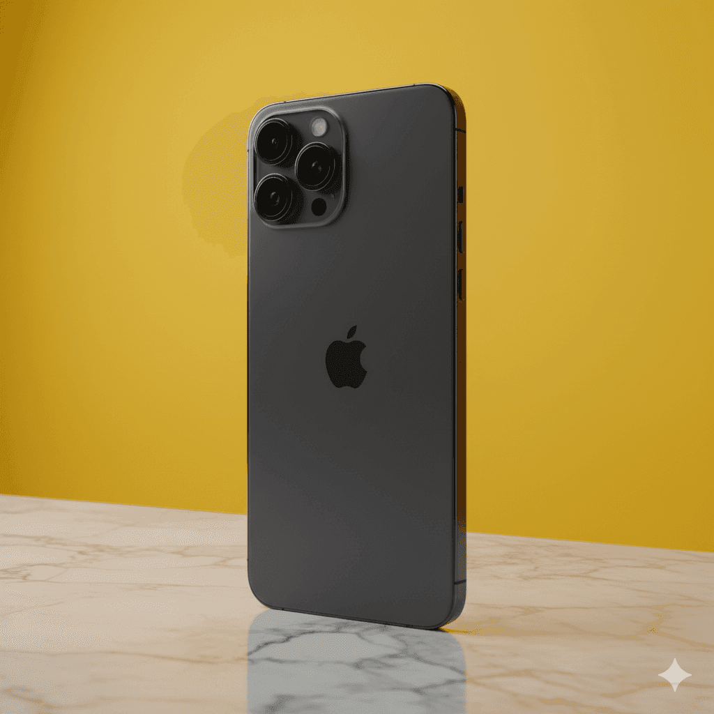 Sleek black smartphone with triple camera on marble surface, yellow background.