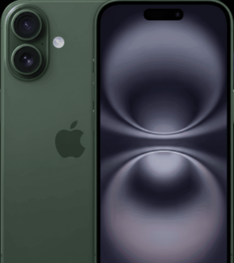 New dark green iPhone featuring dual cameras and a sleek screen design with abstract light patterns.