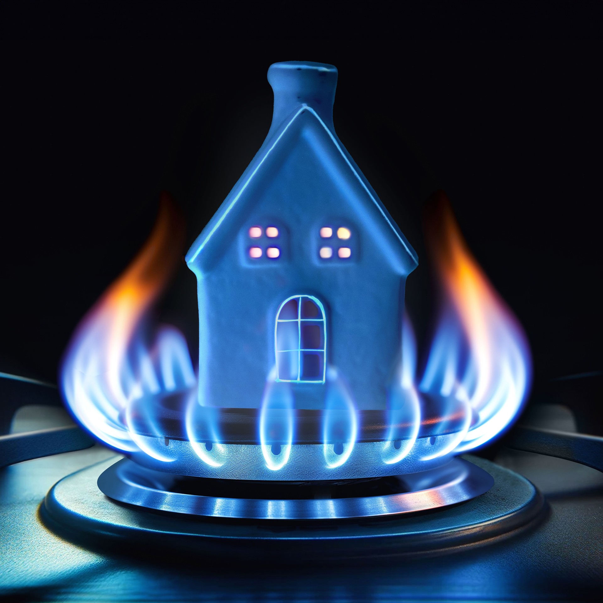 Kleines Musterhaus in der Flamme des Gasherds