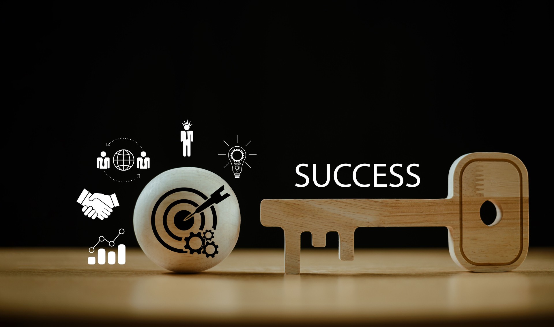 Key strategy idea, business goal concept. Wooden gold key unlock security ball target icon. Key success business planning, creative fund investment consultant. Marketing insight solution for leader